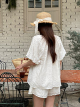 Eyelet Punching Blouse Banding Shorts Set