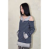 オーバーロックオフショルダーTシャツ: ST. ネイビー