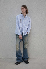 Lettering sleeve striped shirt - Blue