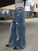 Redo Damage Washing Wide Denim Pants