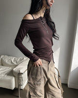 NP Slit Strap Unbalance Shoulder Long Sleeve