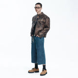 Washed Line Leather Jacket - BROWN