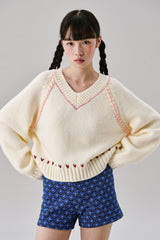Heart Needle V-neck Knit [Ivory]