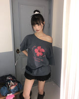 Risch loose fit flower-printed off-shoulder short-sleeved T-shirt