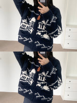 Winter Village House Pattern Knit Zip-Up Cardigan (2 colors)