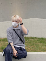 Mesh collar short sleeve knit 3C