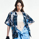 [UNISEX] Automobile Parts Camp-Collar Printed Shirt (Blue)