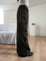 Denti button pintuck shirring long wide cargo pants
