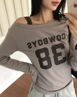 ネルズナンバープリントワンオフショルダー長袖Tシャツ