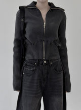 Hard high-neck washed knit zip-up