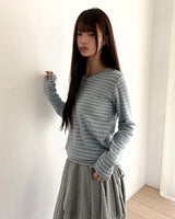 ユエンUネックストライプ長袖Tシャツ