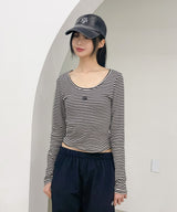 STRIPE U NECK LONG SLEEVE T-SHIRT [3color]