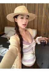 パープルレースストライプノースリーブTシャツ