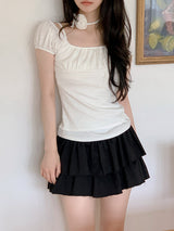 #Hano Layered Rib Short Sleeve T-shirt + Rose Tie Set (3color)