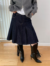 Dark blue raw cotton flared pleats midi skirt