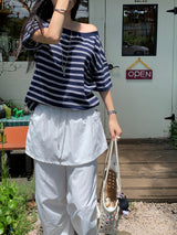 [MADE] Spool Stripe Unbalanced Off-Shoulder T-Shirt