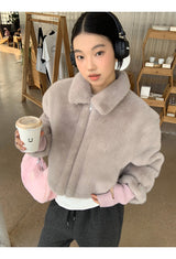 Mink collar short zip-up fur jumper jacket