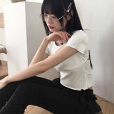 Rook back opening ribbon strap short sleeve t-shirt