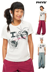 ニットキトゥンネックレスプリントショートスリーブTシャツ
