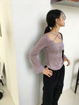 Comfo ビンテージクロスストラップディープUネック長袖Tシャツ