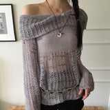 Shallo button printed net one-shoulder long-sleeve knit