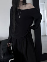 pin off-shoulder long sleeve T (2color)