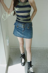Belt dark blue mini denim pants skirt