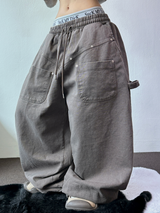 HIGH QUALITY🌌DOWN SNAP HIP PATCH RIVET PIGMENT BALLOON LONG PANTS 🤎3COLOR