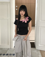 ミッキーフラワースリットボートネックカラーリング半袖Tシャツ
