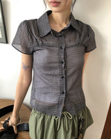 ノエルシアーサッカーVネックチェック半袖Tシャツ