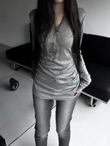rika shirring V-neck printing T