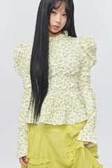 Flower Pattern Crease Ruffle Blouse Yellow