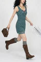 EVERGREENTY CHECK RIBBON MINI DRESS