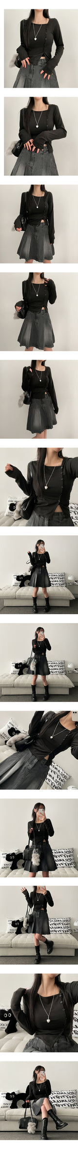 Hani Unbalanced Snap Crop Long Sleeve T-shirt