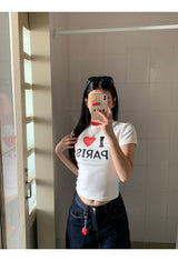 I LoveショートスリーブラウンドスパンデックスTシャツ