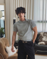 スロウリーボタンマッスルフィットリブドショートスリーブTシャツ