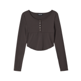 Nylon Buttoned Crop T-shirt [Fabric by ITALY] - BROWN