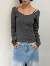 ユー ネック オフショルダー ロングスリーブ Tシャツ(12color)