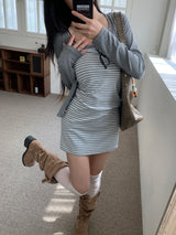Light Hour Striped Sleeveless Dress & Silver Button Cardigan 2-piece Set (Gray)