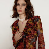 SHEISSHE/PRINTED RUFFLED COLLAR SLIM-FIT SHIRT