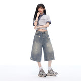 Vintage Star Print Washed Wide Cropped Denim Pants