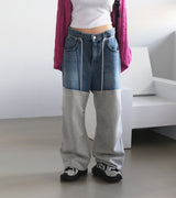 [UNISEX] ストリングミックスカラーリングデニムジョガーワイドパンツ