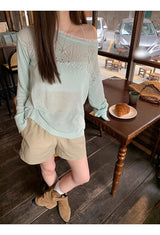 Mint off-shoulder lace long-sleeved see-through knitwear