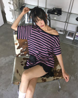 Mats Stripe One Off-Shoulder Oversized Fit Short-Sleeved T-Shirt