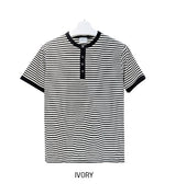 Yushi ストライプヘンリーネック半袖Tシャツ