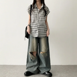 Andy Knee Damage Cutting Deep Washed Denim Wide Pants