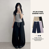 Lavender💜 Waist color-contrast nylon slacks wide pants (4 colors) #CrinklePants