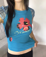 ハーフピンフラワープリンテッドブルーショートスリーブTシャツ