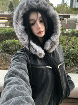 Low Washing Crop Fur Hood Zip-Up