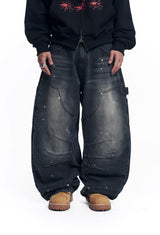 Curved Double Knee Denim Pants - Black